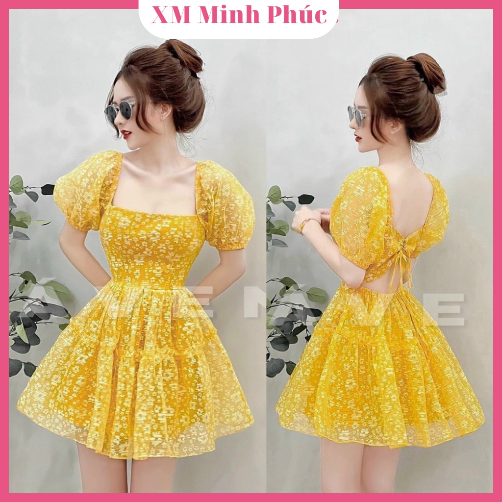 Đầm Đi Biển Đi Tiệc Hở Lưng Sang Chảnh Thiết Kế Cổ Vuông Tay Phồng Nữ Tính Hai Màu Vàng Và Be Xinh Xắn Thời Trang Mp