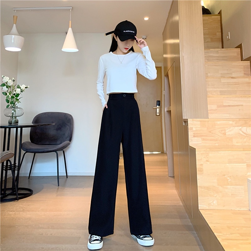 Quần Dài Ống Rộng Lưng Cao Màu Đen Phong Cách Hàn Quốc Thời Trang Mùa Hè Cá Tính Cho Nữ