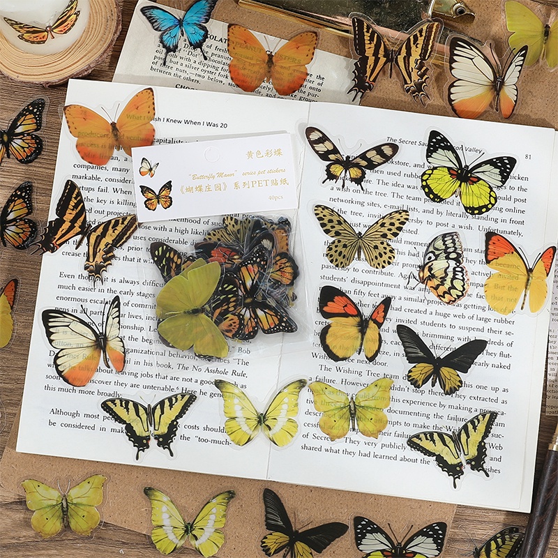 Set 40 Sticker Dán Trang Trí Hình Bướm Phong Cách Retro