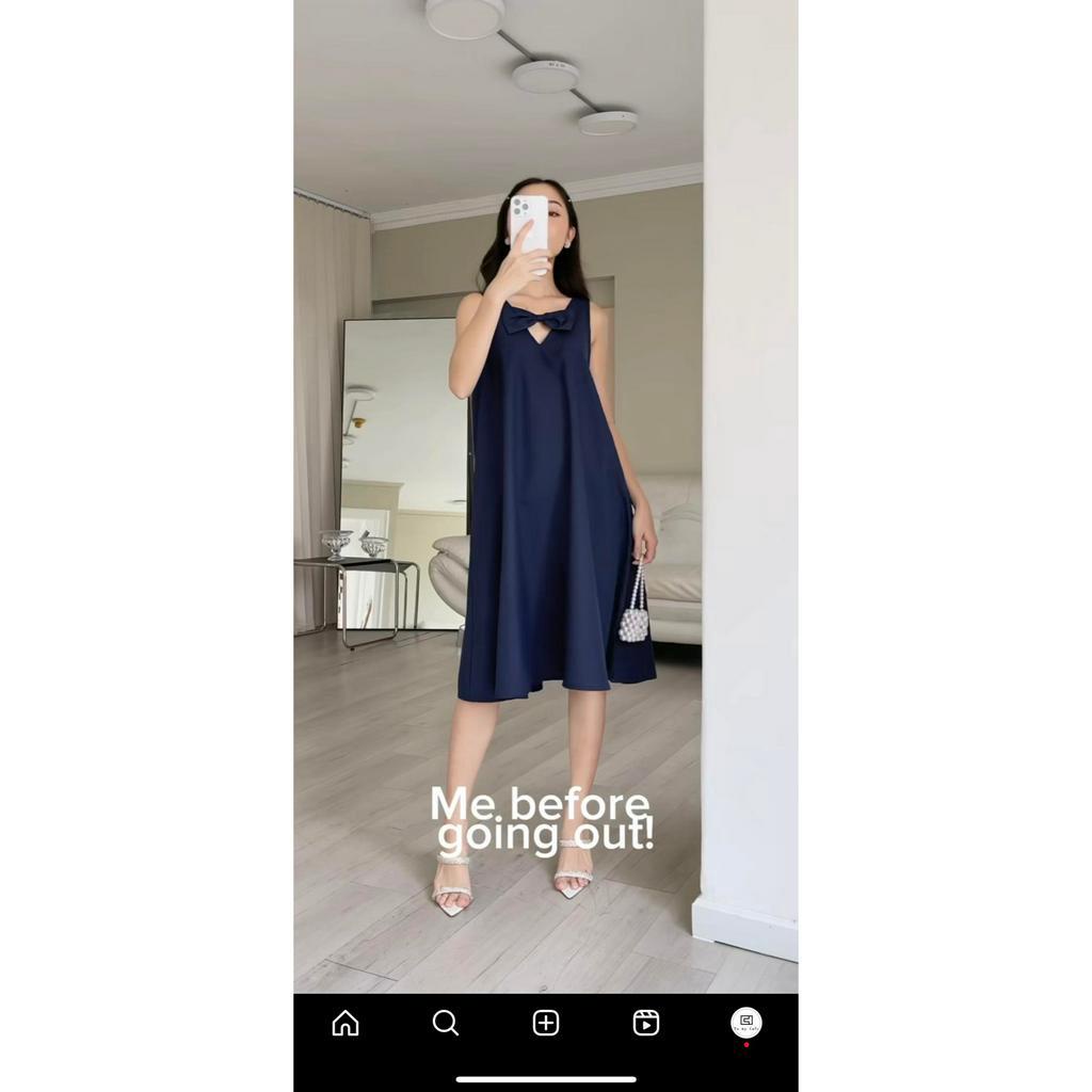 TUBYCATU | Đầm sát nách xanh đen cổ V 3 nơ