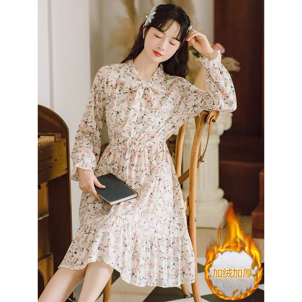 Váy hoa nhí cổ buộc nơ xinh xắn, Đầm hoa nhí vintage cổ nơ 2021 - Dorita Boutique