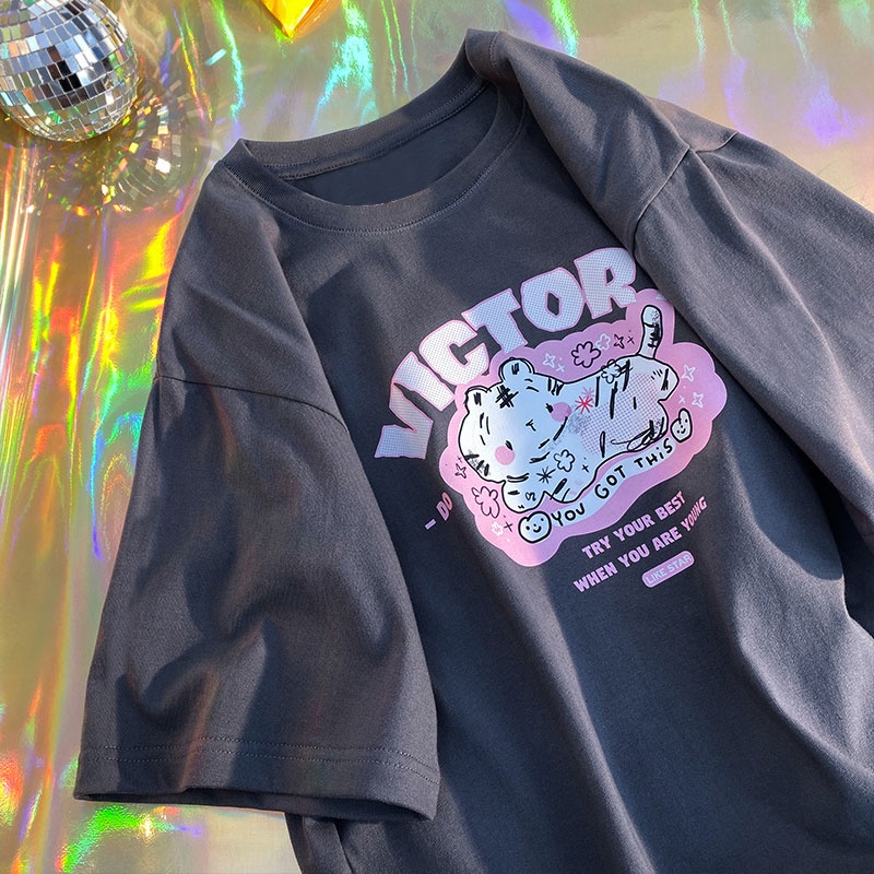 NRVP Áo thun tay ngắn cổ tròn in hình mèo 100% từ cotton thời trang phong cách Hàn Quốc cho nữ