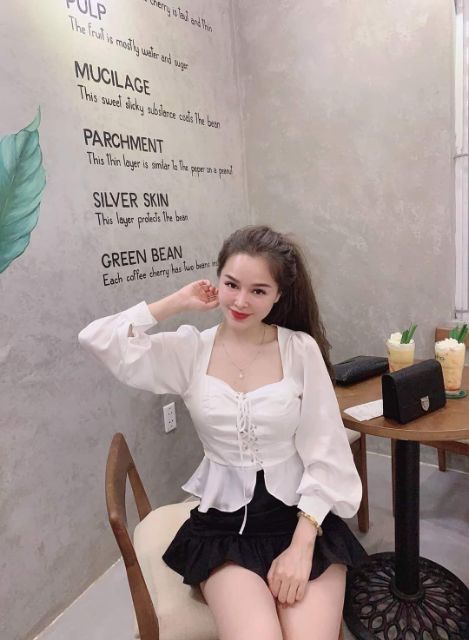 Áo crop đan dây tay phồng dài (2 màu)