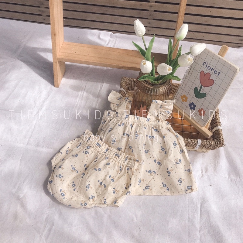 HÀNG THIẾT KẾ - Set bộ đồ thô hoa nhí tay vai nhún cánh tiên kèm chip em bé