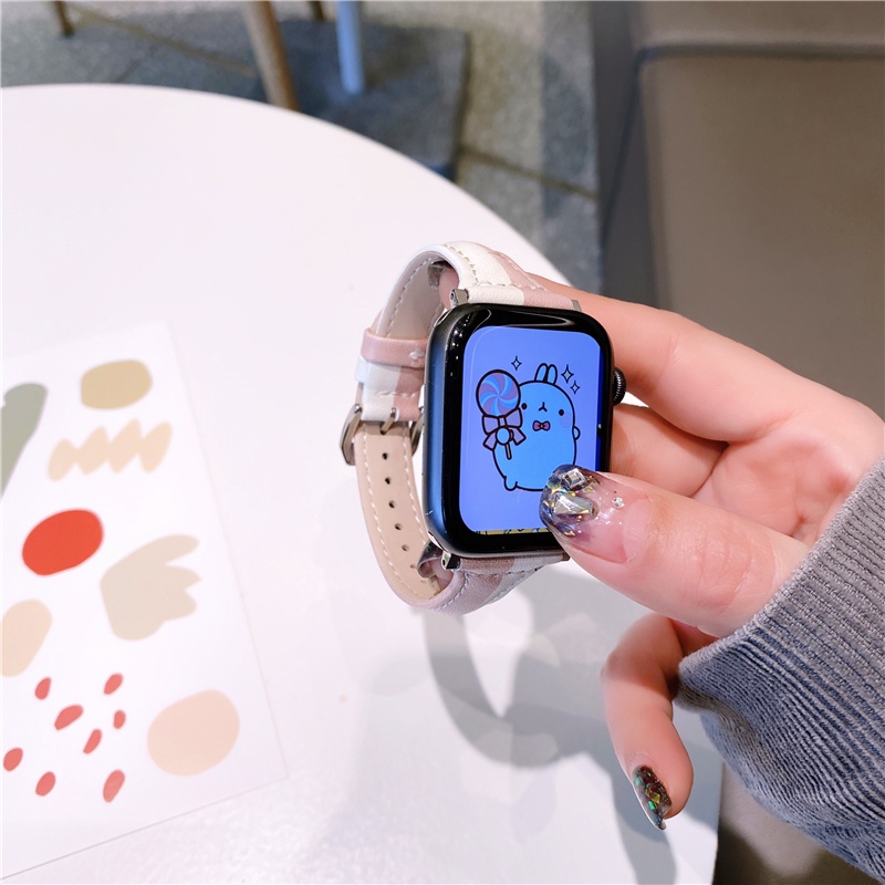 Dây Đeo Bằng Da Màu Tương Phản Cho Đồng Hồ Thông Minh Smart Watch Series 7 6 5 4 SE 45mm 41mm 44mm 38mm 40mm