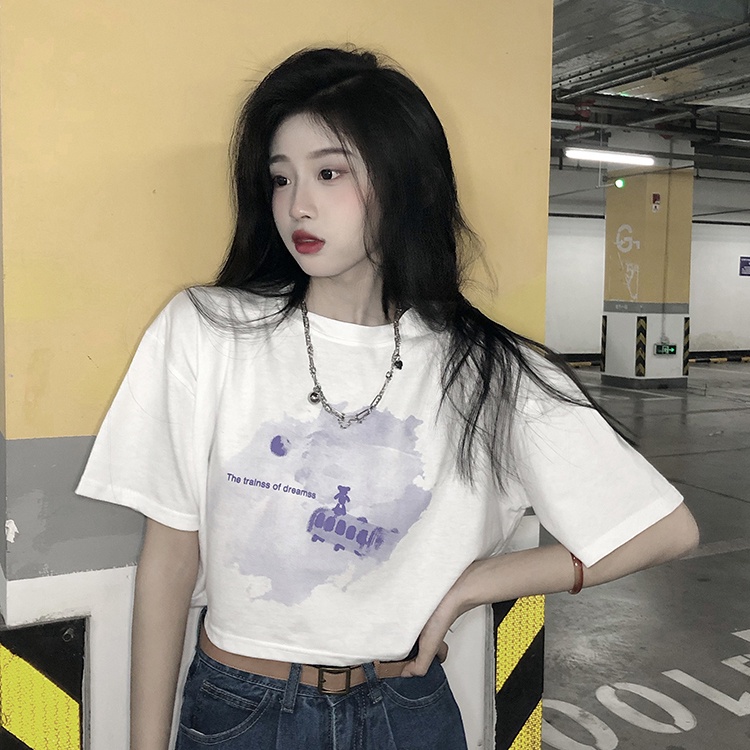 Áo Crop Top Tay Ngắn Dáng Rộng In Họa Tiết Phong Cách Retro Thời Trang Cho Nữ