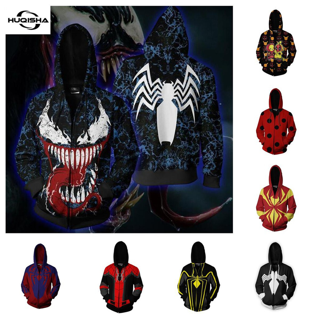 Venom Symbiote Hoodies Áo len có mũ trùm đầu Anime đầy đủ dây kéo Anime Hoodie Áo nỉ in 3D