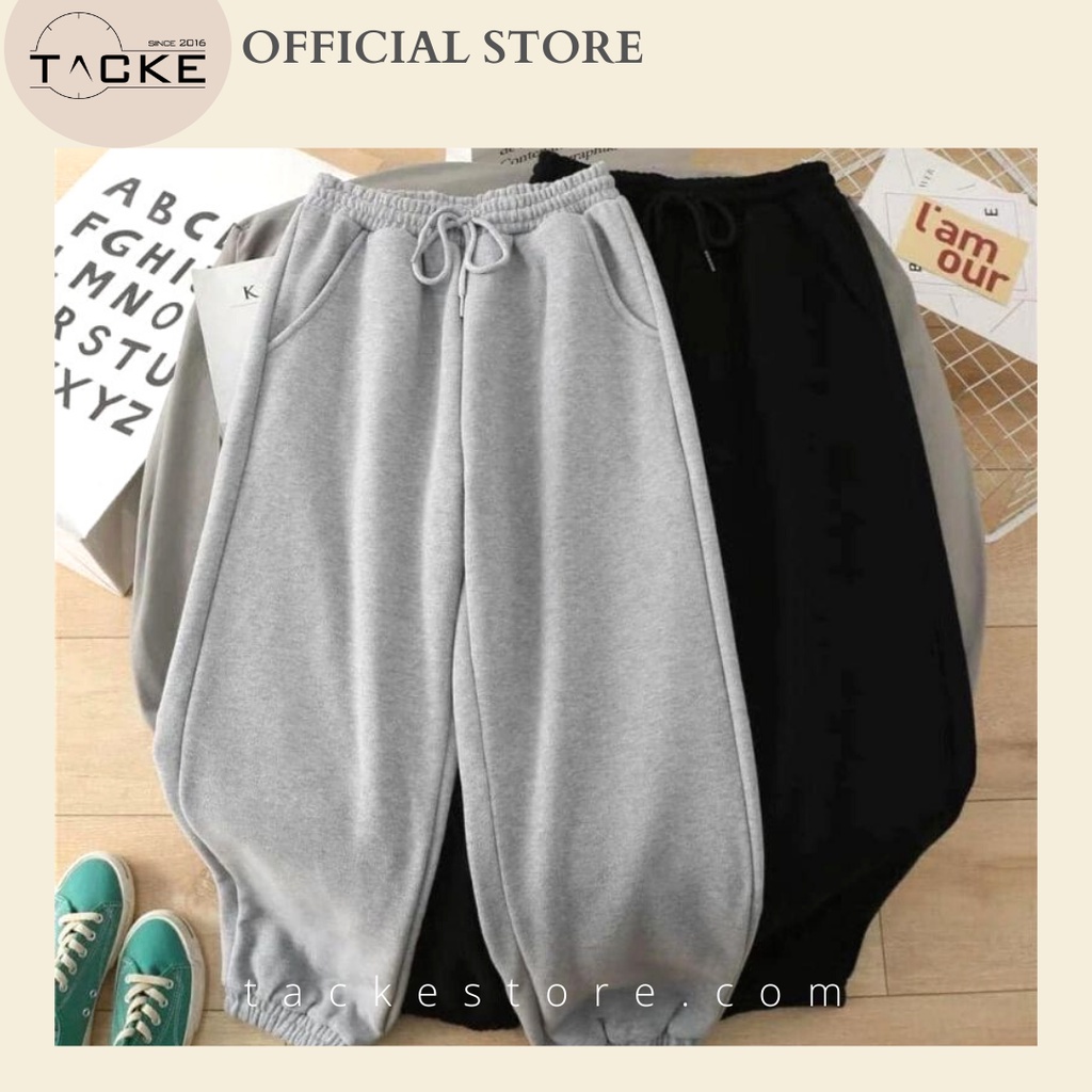 Quần jogger nữ bo gấu trơn vải thun da cá, quần bom ống rộng nữ nỉ thun dáng jogger mặc thu đông TACKE STORE