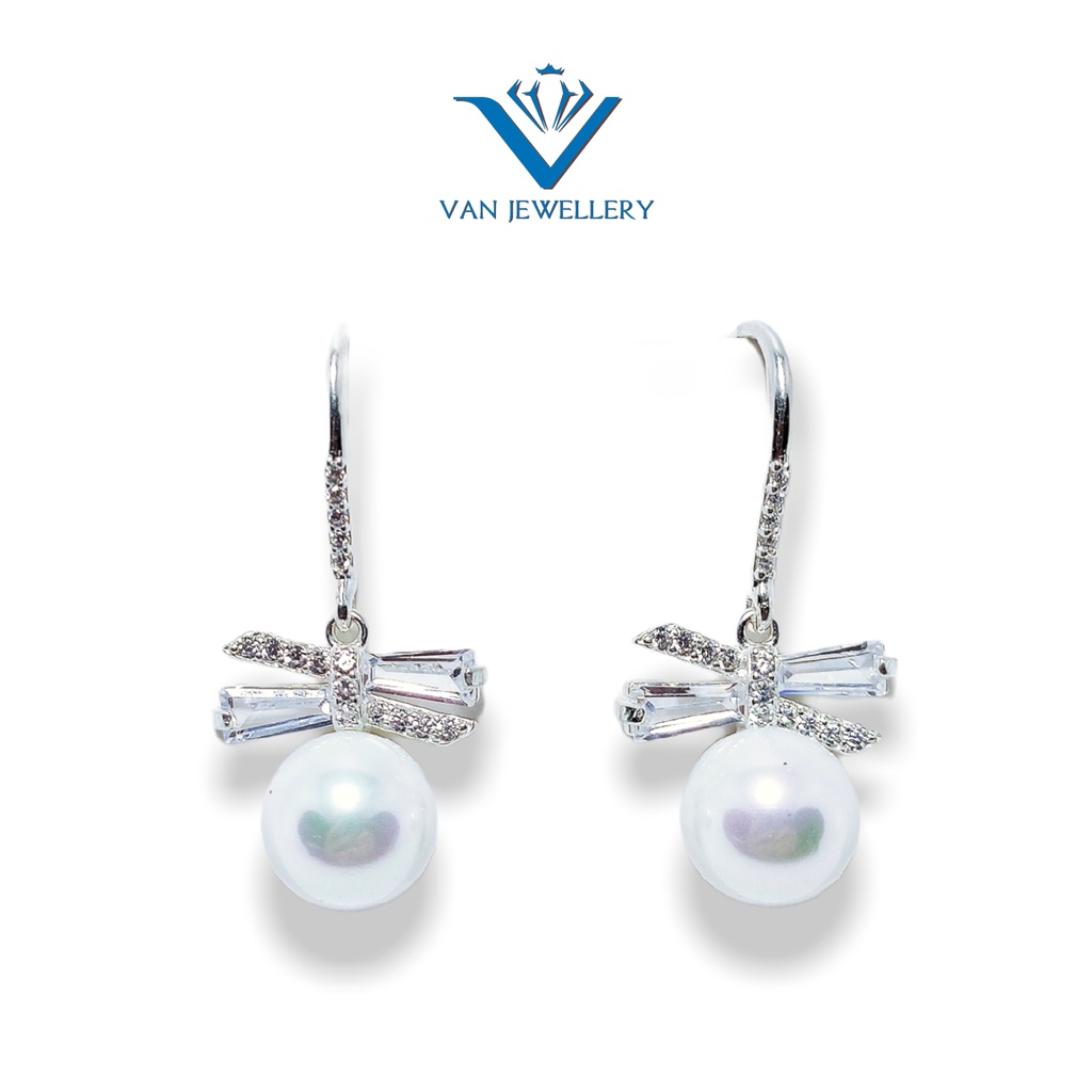 Bông tai bạc ta 925 Bông Nơ đính đá mix Ngọc Trai nhân tạo Van Jewelry V10393