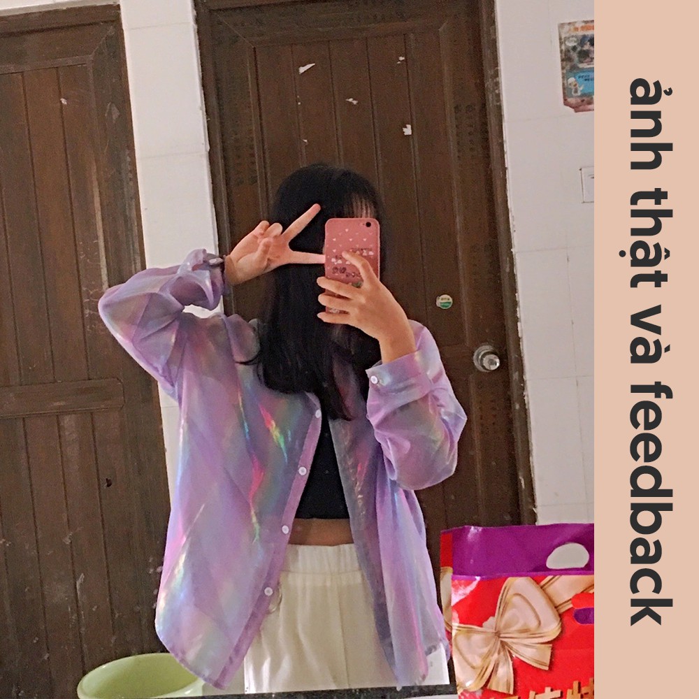 Áo Sơ Mi Khoác Ngoài Cardigan Mỏng Dài Tay Họa Tiết Màu Cầu Vồng Lấp Lánh A00032 | BigBuy360 - bigbuy360.vn