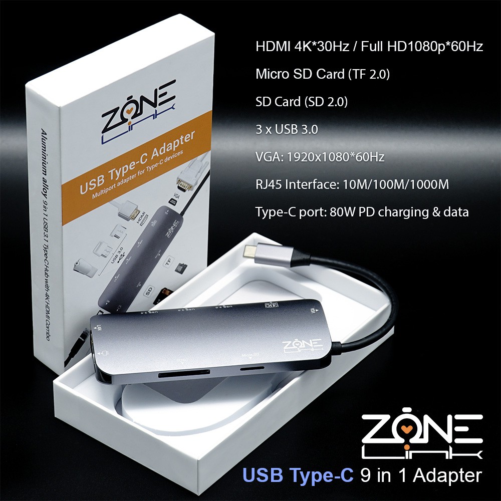 Cổng chuyển đổi USB TYpe C ZONELINK Z9IN1 (Type C to HDMI, USB, HDMI, SD, LAN)