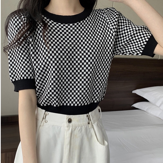 SUXI Áo Sweater Dệt Kim Tay Ngắn Cổ Tròn Dáng Rộng Họa Tiết Kẻ Sọc Màu Sắc Tương Phản Thời Trang Mùa Hè Cho Nữ