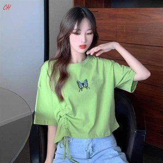 áo thun croptop nữ có dây rút hông, croptop logo nhỏ cute điệu đà ngắn tay, chất cotton mềm mát form rộng chuẩn ảnh