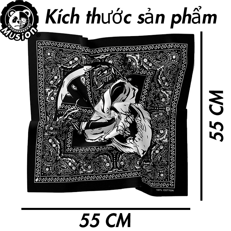 Khăn bandana hình đầu lâu phong cách cá tính 100% cotton kích thước 55cm X 55cm