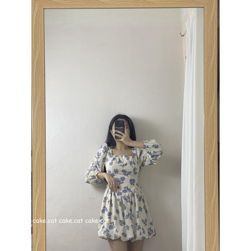 [VIDEO/ ẢNH THẬT] Đầm Váy Phồng Hoa Xanh Cổ Vuông Kiểu Cổ Điển | BigBuy360 - bigbuy360.vn