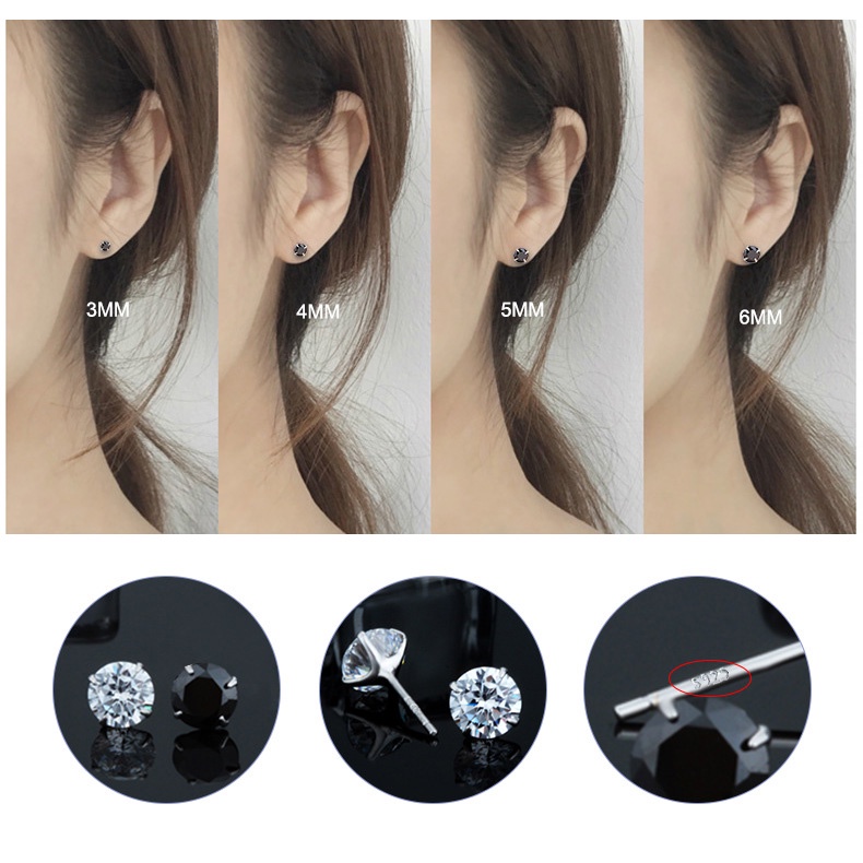 Bông Tai Bạc Hanada  Đá CZ 6A Chuẩn 120 Lát Cắt Siêu Lấp Lánh Không ố Không mờ Khuyên Nụ Trắng Đen Đơn Giản