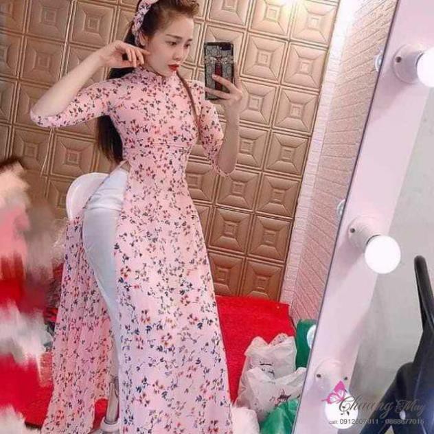 Áo dài 4 tà hoa nhí may sẵn truyền thống lụa tơ hoa voan đẹp ADHN018