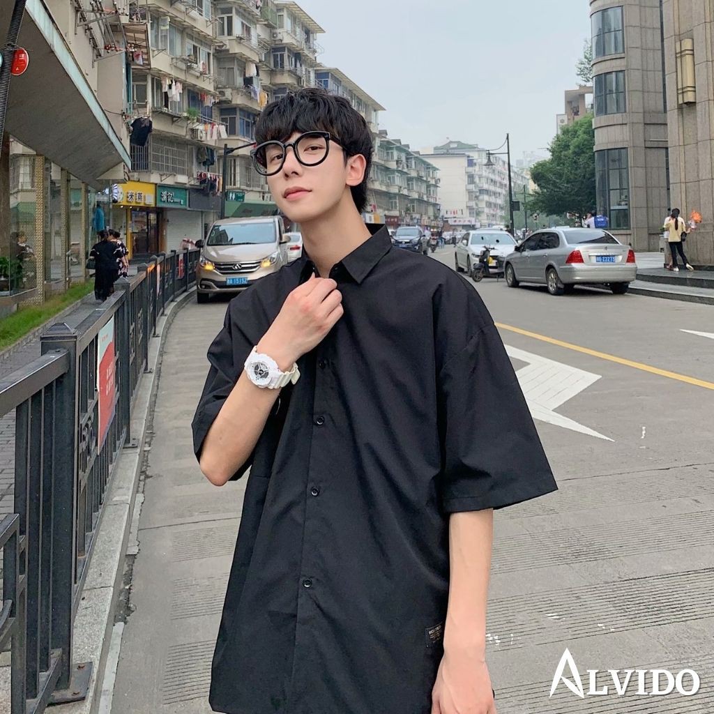 Áo sơ mi nam rộng phối khoen cực chất - áo so mi nam ngắn tay kiểu dáng unisex