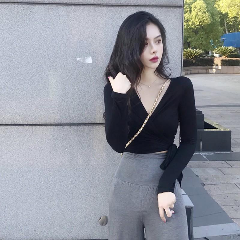 Áo lửng dài tay cổ V màu trơn thời trang Hàn Quốc quyến rũ cho nữ