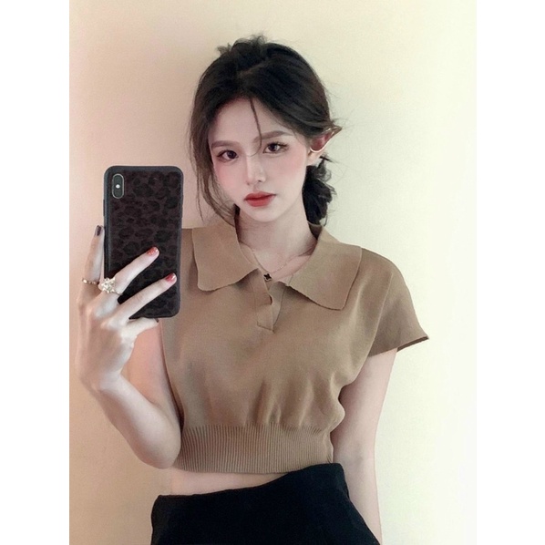 Áo len croptop cổ bẻ tay hến chất đẹp