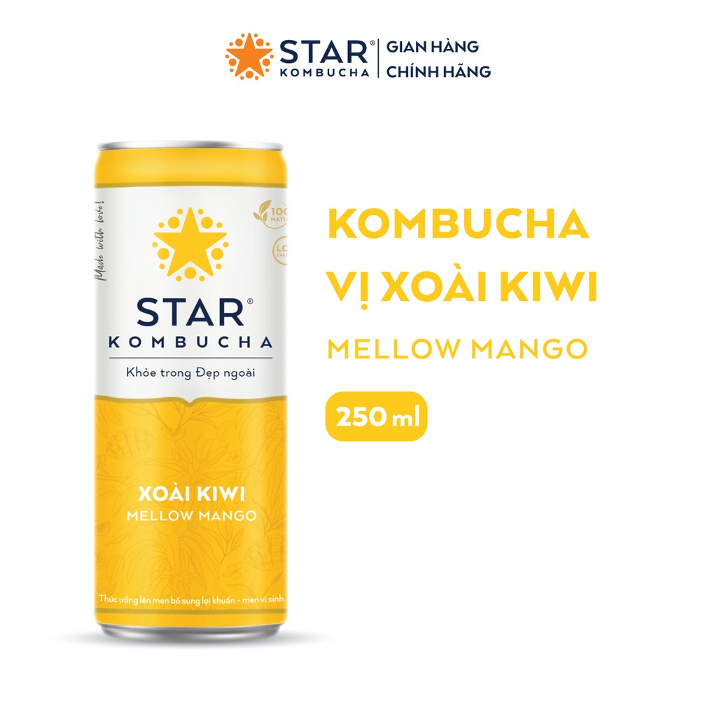 Thùng 12 lon STAR KOMBUCHA Xoài Kiwi / Mellow Mango (250ml/lon) - Trà lên men vi sinh chứa probiotics