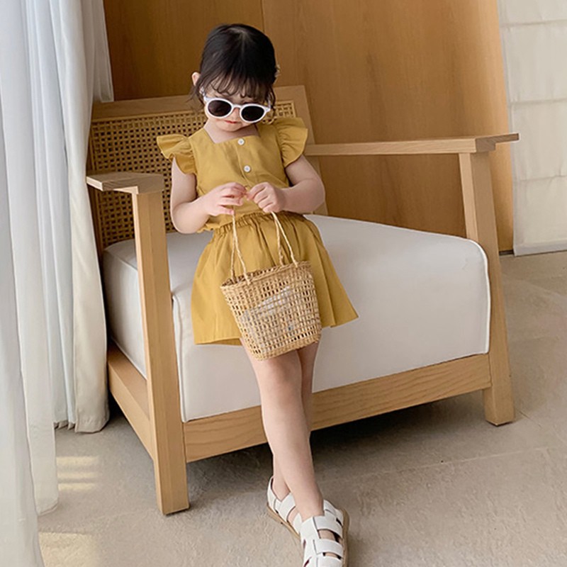 Mới Set Đồ Mùa Hè 2 Món Gồm Áo Không Tay Xòe Màu Trơn + Quần Short Dáng Rộng Cho Bé Gái 1-7 Tuổi