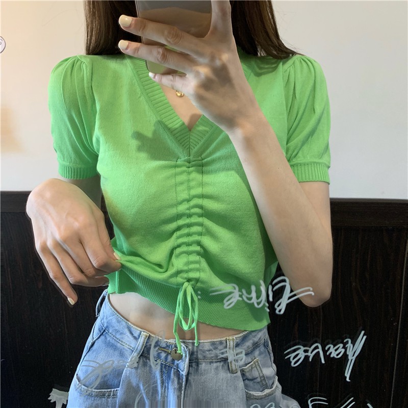 Áo tay ngắn cổ V dây rút bằng len thời trang cho nữ | BigBuy360 - bigbuy360.vn