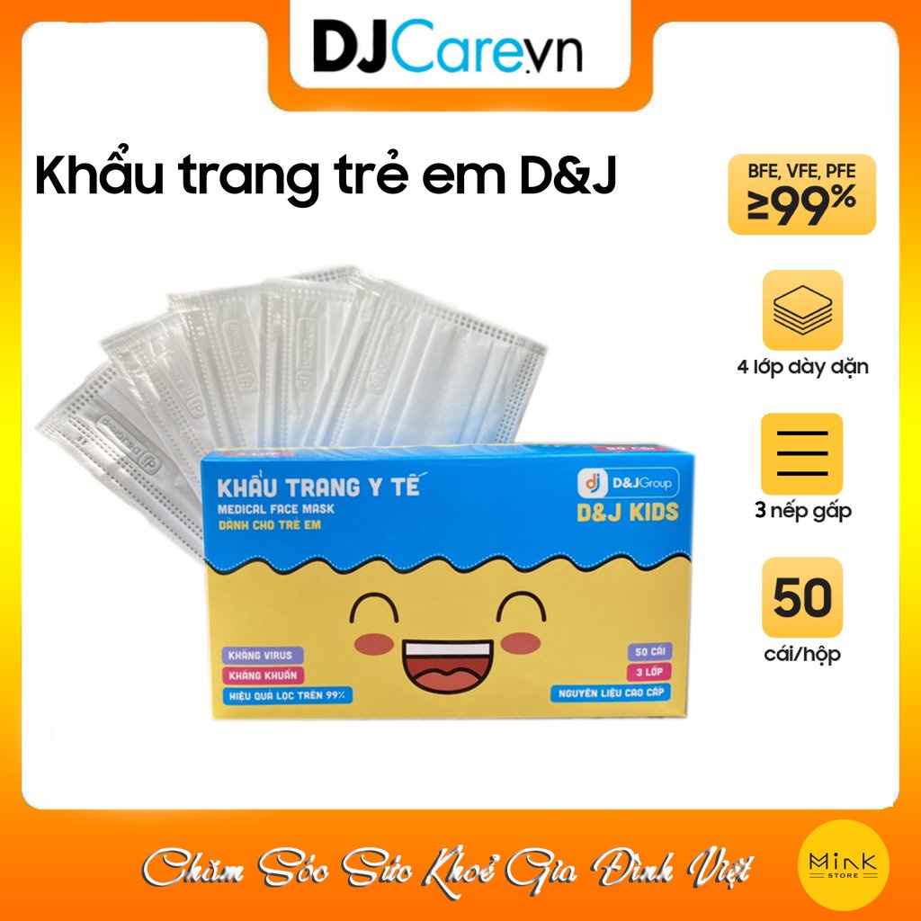 Combo 2 Hộp Khẩu Trang Kháng Khuẩn Trẻ Em Cao Cấp D&J Màu Trắng/Hộp 50 Cái