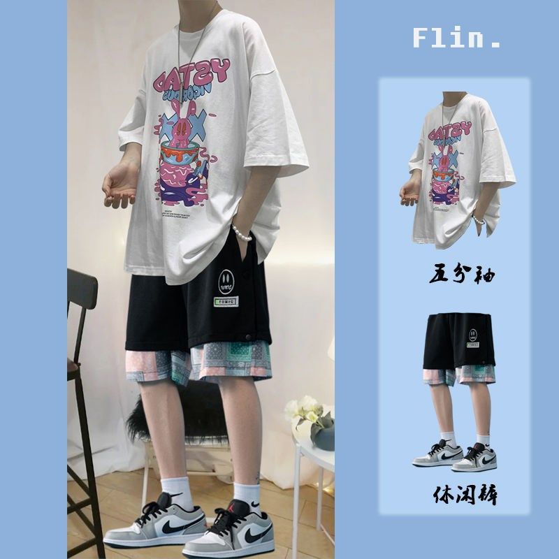 Bộ Đồ Thể Thao Áo Thun Tay Ngắn Dáng Rộng Phối Quần Short Kiểu Hồng Kông Thời Trang Mùa Hè Cho Nam