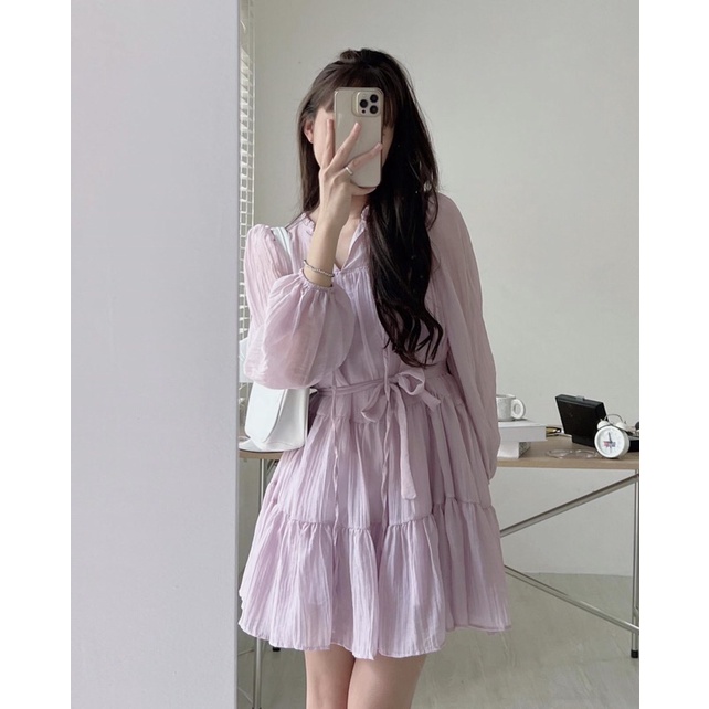 Váy babydoll tơ tay bo 2 lớp dáng xoè Pea Store - Đầm tơ dài tay kèm đai