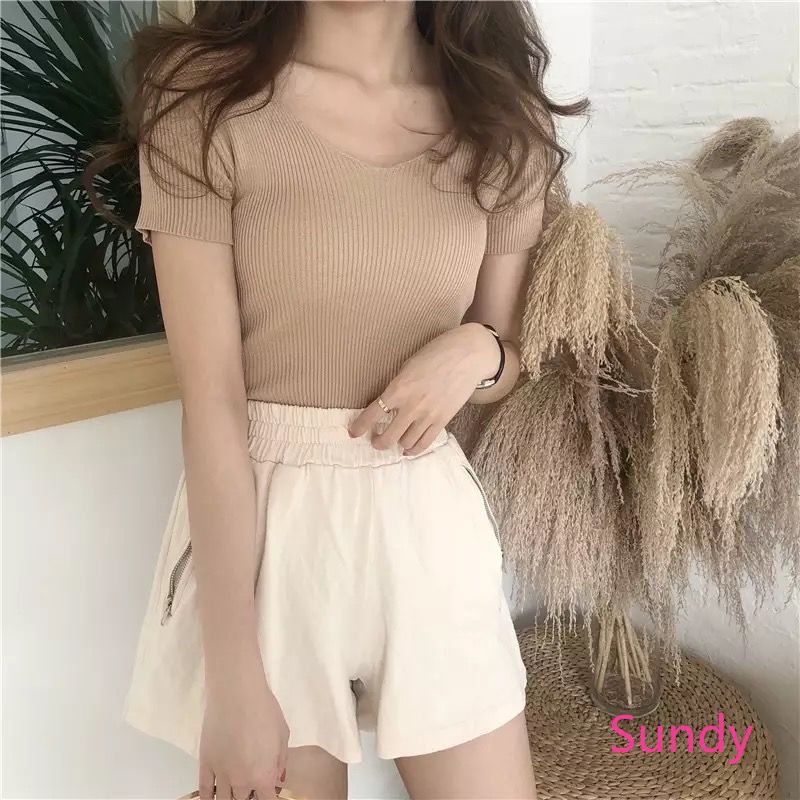 Áo Thun Gân Cổ Chữ V Phong Cách Hàn Quốc Cho Nữ