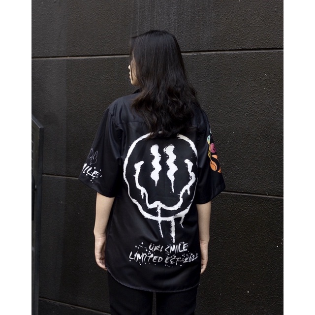 Áo sơ mi nam ngắn tay Họa tiết Form rộng, Mặt cười Đen- Local brand  CHÍNH HÃNG