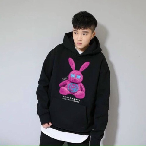 Áo nỉ hoodie gấu Rabbit in 5D unisex dài tay nam nữ cao cấp, áo phông nỉ bông sweater có mũ màu trắng, đen K082 | BigBuy360 - bigbuy360.vn