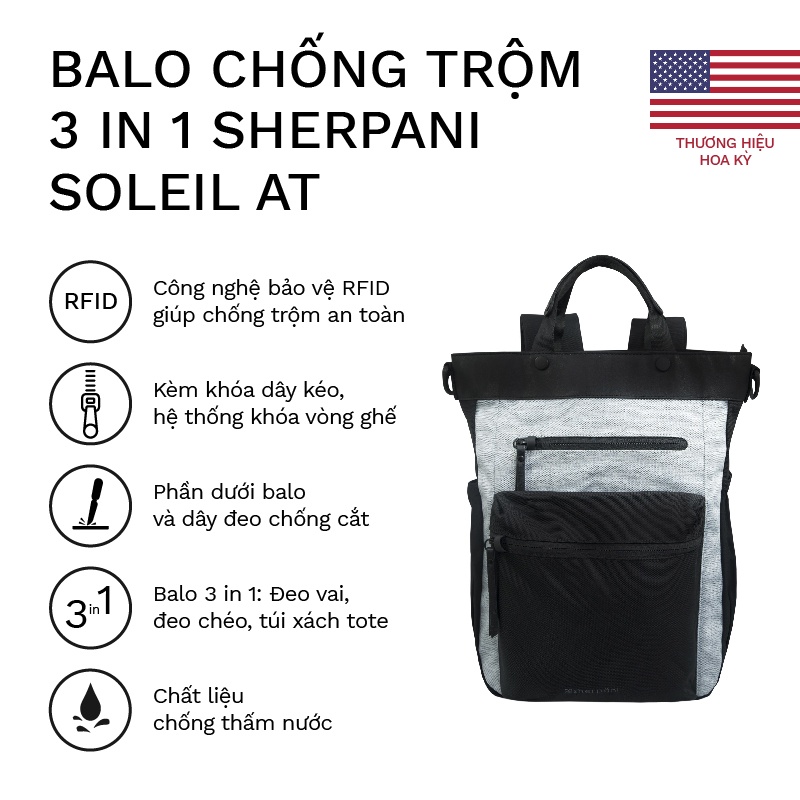 Balo Sherpani Soleil at 3 in 1 chống trộm bằng công nghệ  RFID, chống thấm nước, chống sốc_Bảo hành 12 tháng