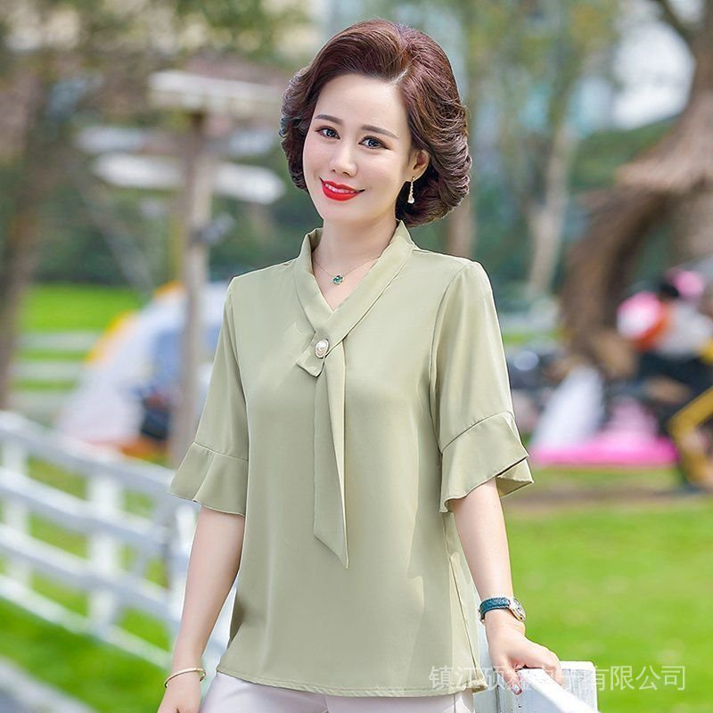 Áo Sơ Mi Chiffon Tay Ngắn Phong Cách Phương Tây Thời Trang Mùa Hè Cho Phụ Nữ Trung Niên 2021