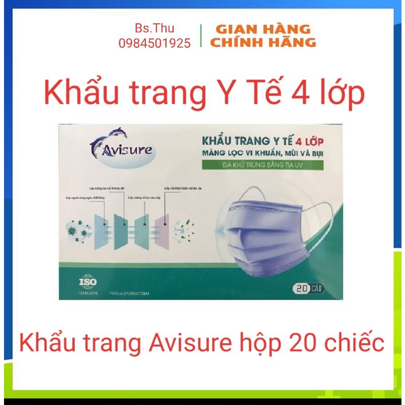 Khẩu trang y tế 4 lớp giấy kháng khuẩn AVISURE hộp 20 chiếc
