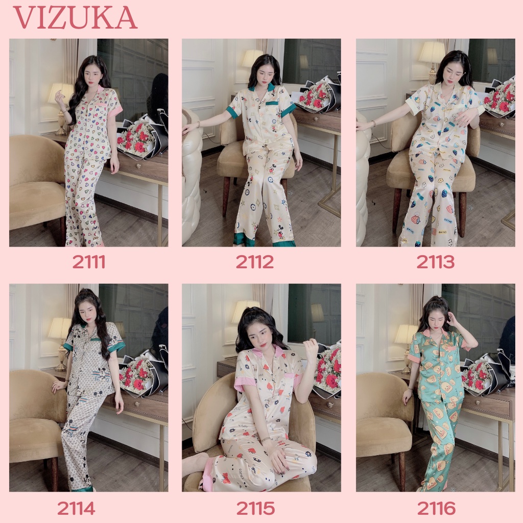 [Mã 44FASHIONSALE1 giảm 10K đơn 50K] Đồ bộ pijama nữ lụa tay ngắn quần dài mặc nhà dễ thương VIZUKA