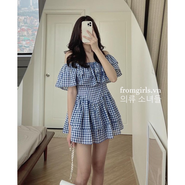 Váy trễ vai kẻ caro xanh, đầm caro trễ vai dáng ngắn vai bèo sexy - V72