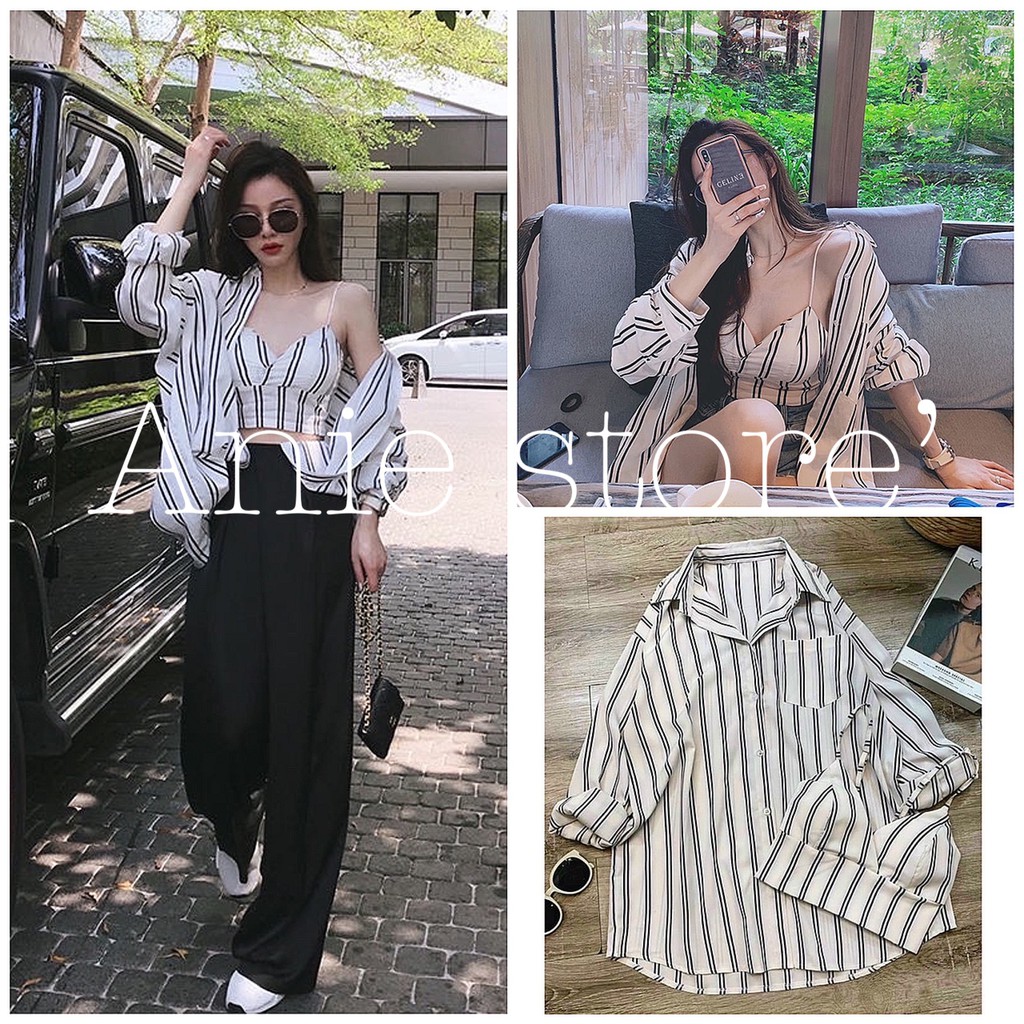 Bộ Áo Sơ Mi Bra Kẻ Nữ 🦋 Set Somi Dài Tay Nữ Kèm Áo 2 Dây Có Mút Ngực🦋