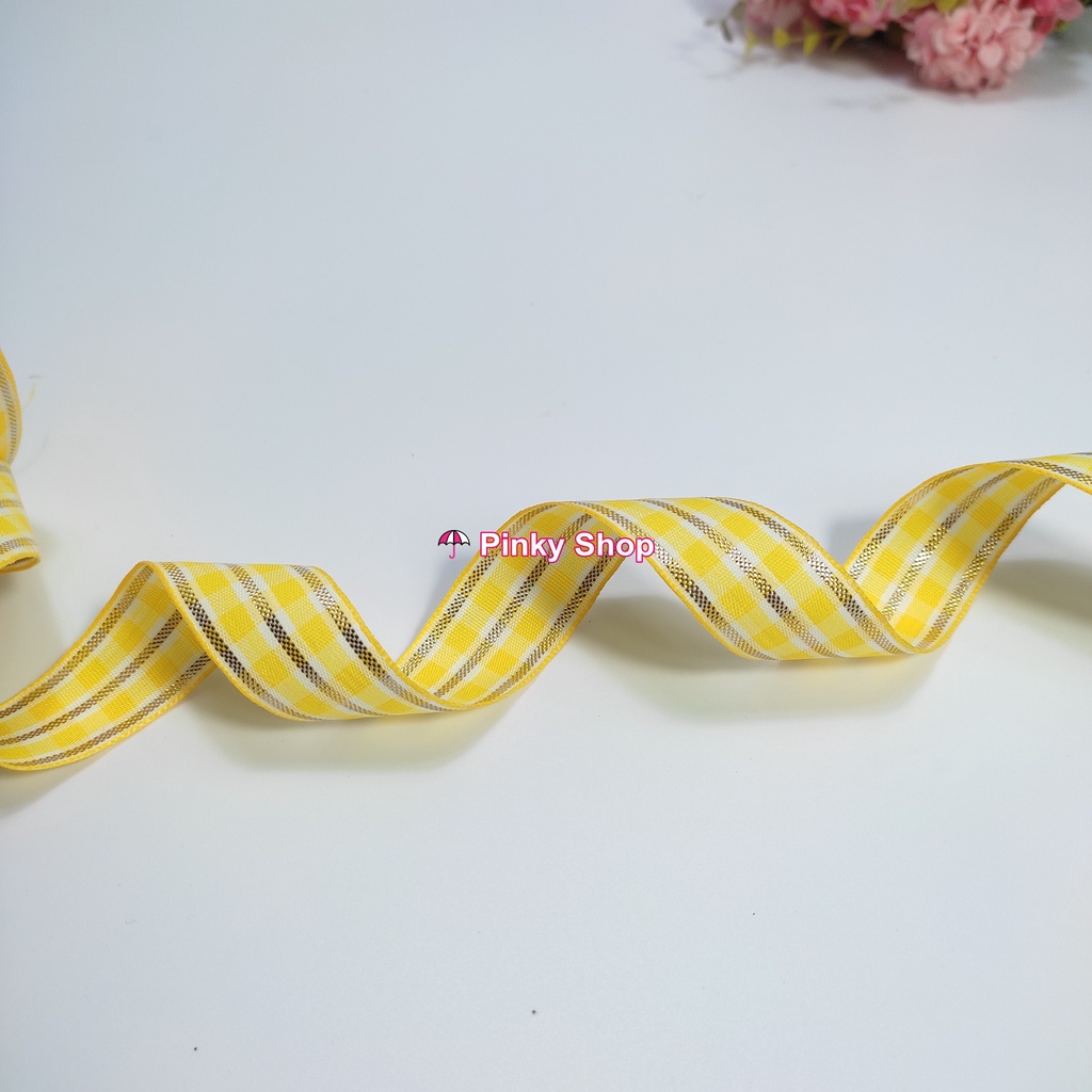 Ruy băng vải caro kẻ sọc kim tuyến lấp lánh cao cấp 2.5cm cuộn màu xanh hồng vàng, đen trang trí handmade Pinky Shop