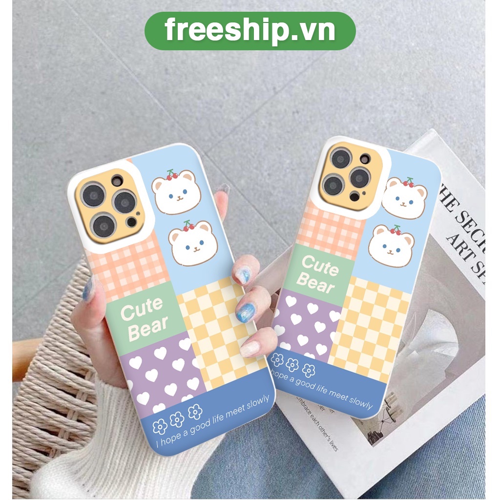 Ốp Iphone vuông cạnh gấu cherry cute bear ốp lưng iphone 12 pro max 6 6plus x xr xsmax 7plus 8plus 13promax 11 promax