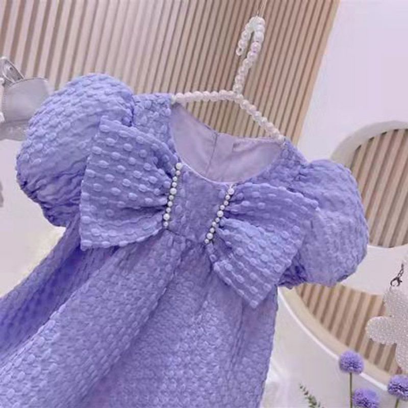 Đầm Công Chúa Tay Ngắn Màu Sắc Trơn Đính Nơ To Thời Trang Mùa Hè Cho Bé Gái Se7en