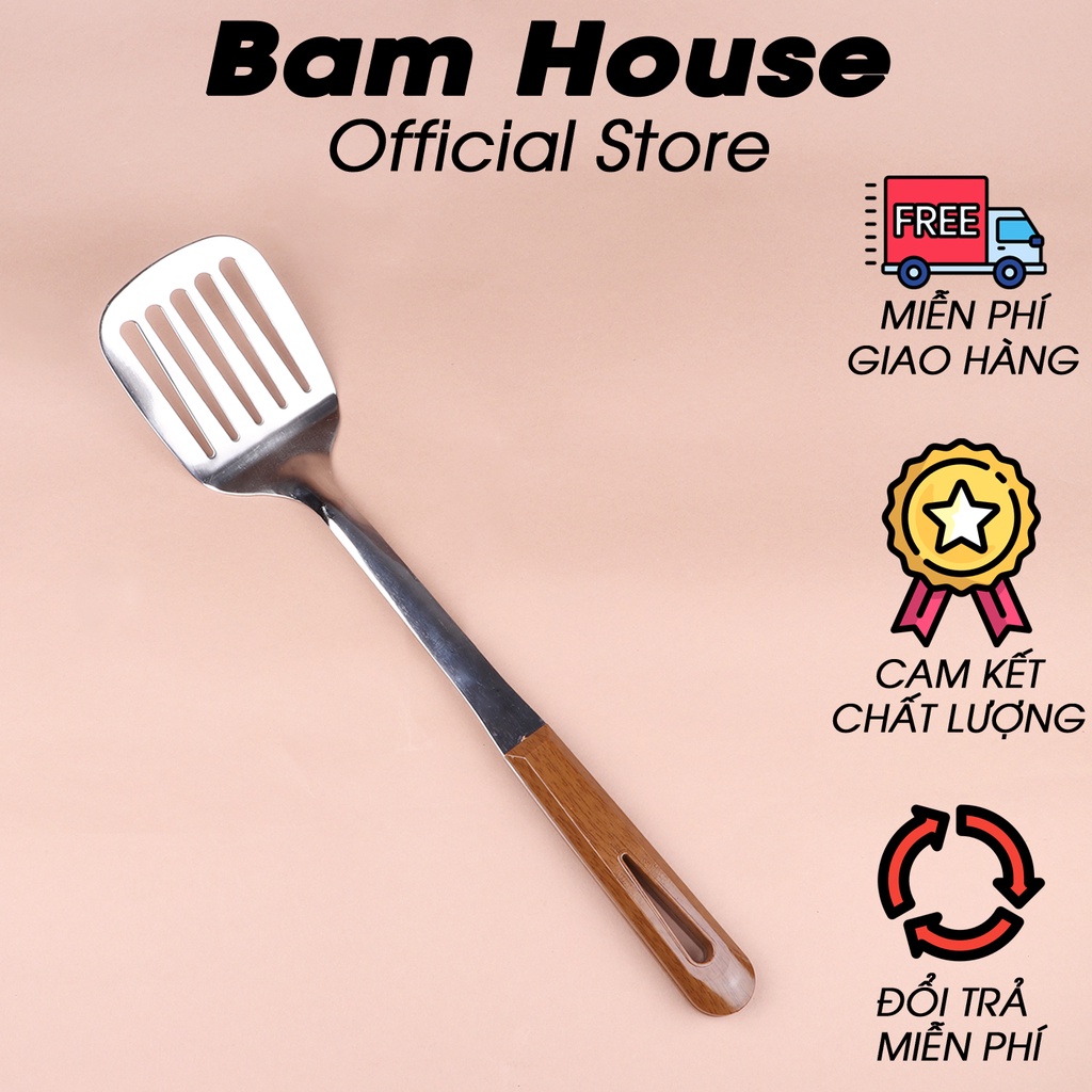 Set Vá đặc, Xẻng đặc, Xẻng lỗ inox Bam House cán nhựa hoạ tiết gỗ loại lớn cao cấp siêu bền SCG01 - Gia dụng bếp