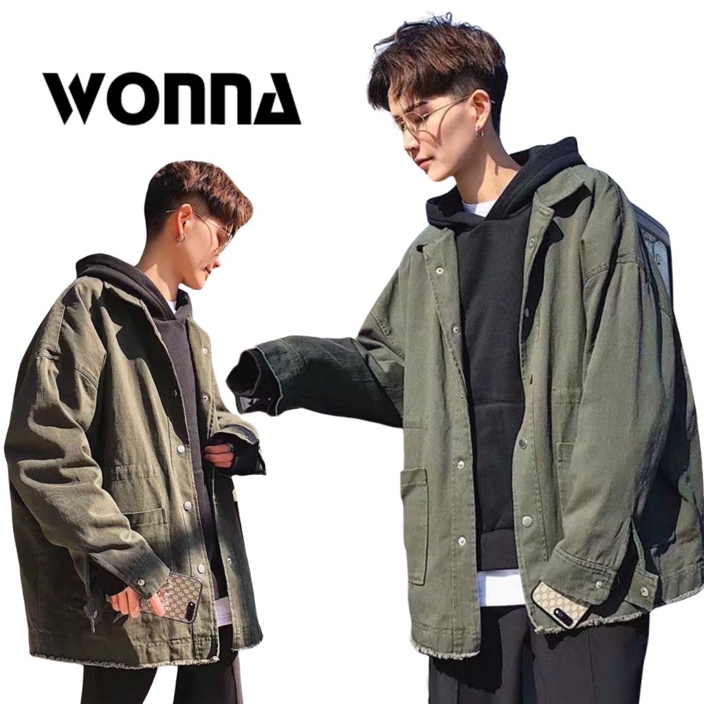 Áo khoác denim unisex sơ mi cổ thuyền tay dài jacket cho nam nữ Quảng Châu basic nút bấm màu xanh rêu đen