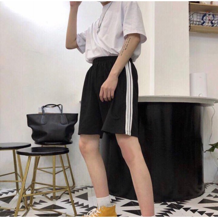 Quần short thun Đen 3 sọc unsiex chất poly co giãn mạnh thể thao tập gym