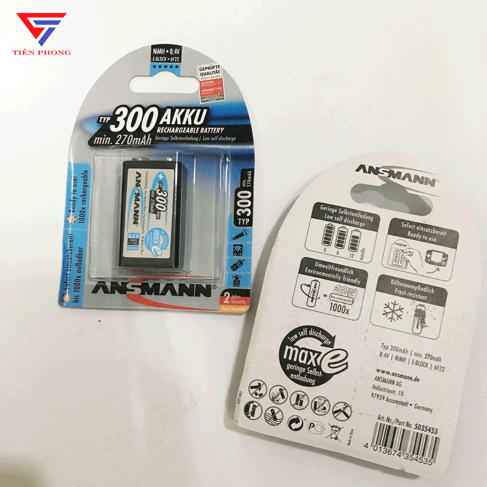 Pin sạc 9v vuông Ansmann 200mAh, 300mAh chính hãng - Vỉ 1 viên