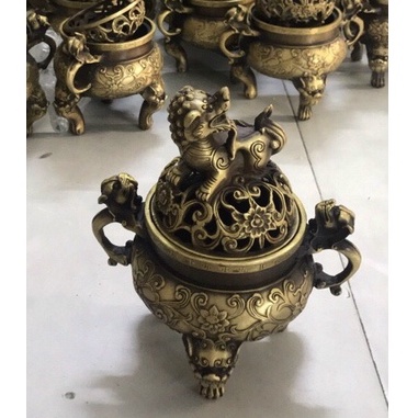 Lư Xông Trầm đốt trầm Nắp Nghê hoa cúc bằng đồng