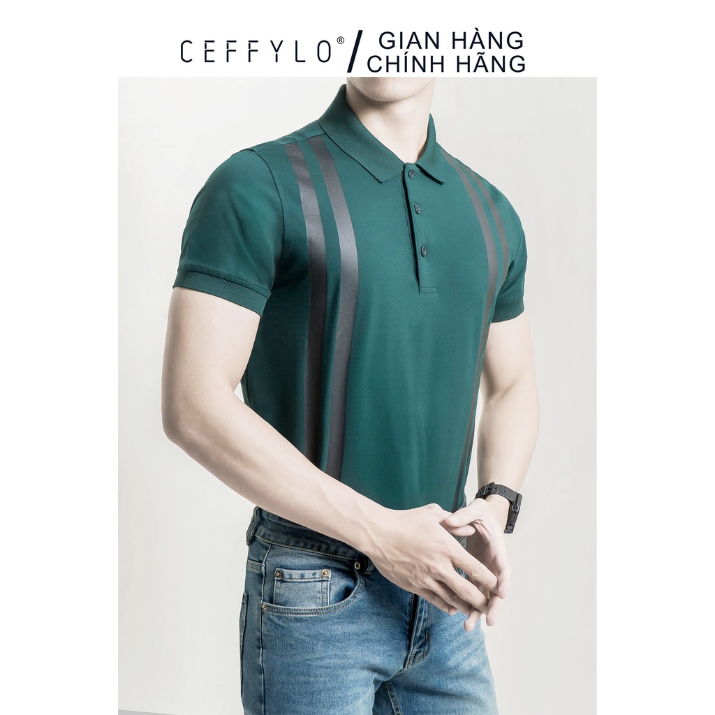 Áo Polo phối kẻ sọc Xanh Rêu Ceffylo, vải Cotton mềm mịn - CEFFYLO