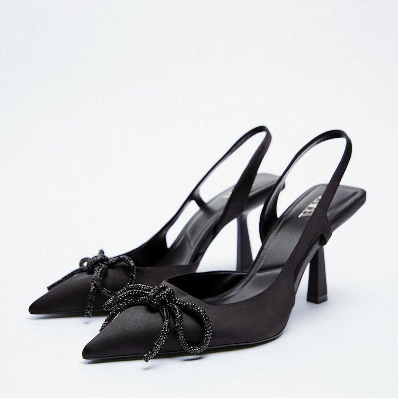 Zara Slingback satin đen đính nơ đá