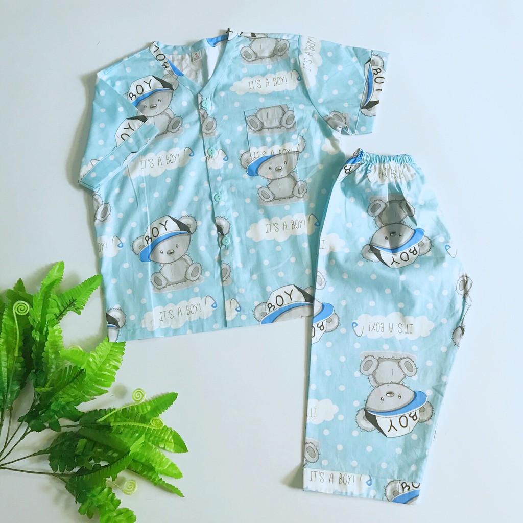 Pijama cho bé 100% cotton mềm mịn hút mồ hôi Gấu bông Xanh/ Hồng 10-20kg